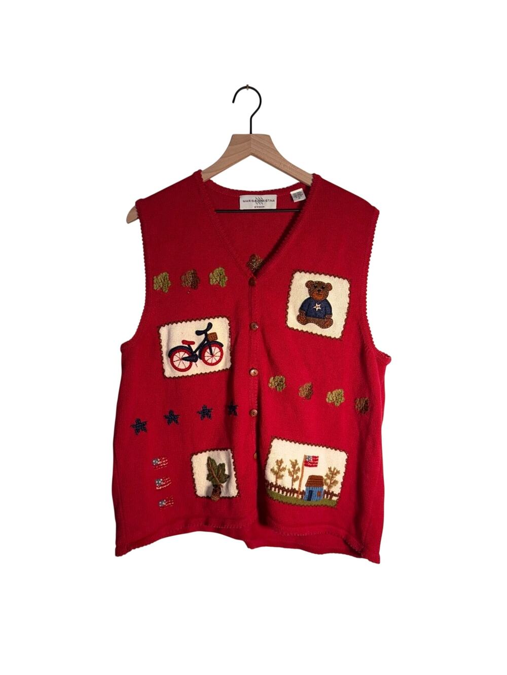 VINTAGE MARISA CHRISTINA cozy grandma core embroider teddy bear sweater vest 1X